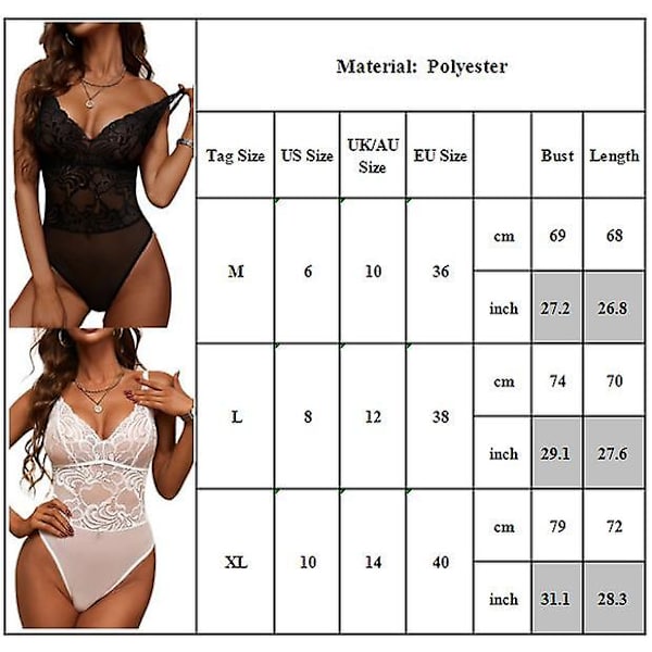 Seksikäs naisten alusvaatteet pitsi mesh body läpinäkyvä yöasu White L