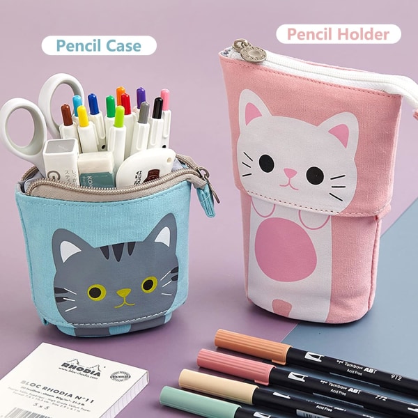 Stand Pencil Holder, Teleskopisk Tegneserie Sød Blyant Etui Kosmetisk Holdbar Lærred Stationery Makeup Taske, Hvid Gitter