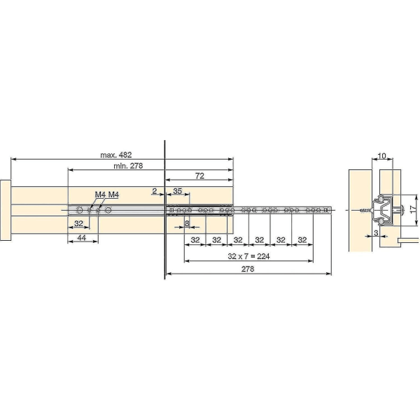 Pakke med 5 par (10 stk.) Slides/kuglelejeslides Uddrag Del 17mm X 278mm Til Skuffe, Zinkbelagt 214mm