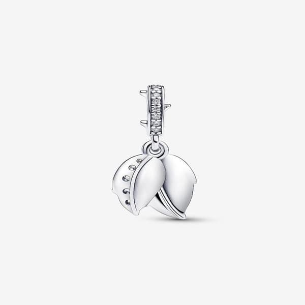 Pandora - White Rose in Bloom Double Dangle Charm - Sterling Silver