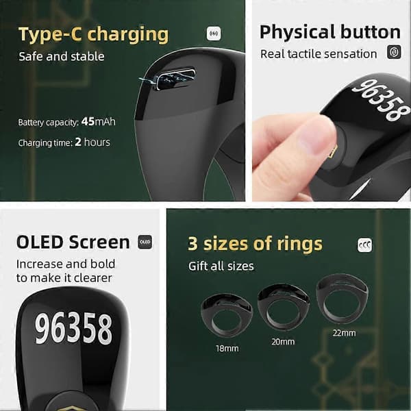 Smart Ring Form Manuel Tælling Natlys Digital Display Tæller Bærbar Finger Tæller Sort