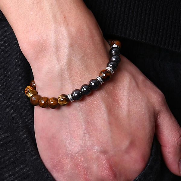 Natursten Tigerøje Perler Hematit Stretch Armbånd Mænd Charm Smykker Black