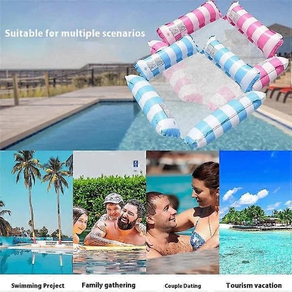 Oppustelig flydende liggestol foldbart ryglæn stribet vandhængekøje til voksne poolflyder 4-rørs design LightBlue