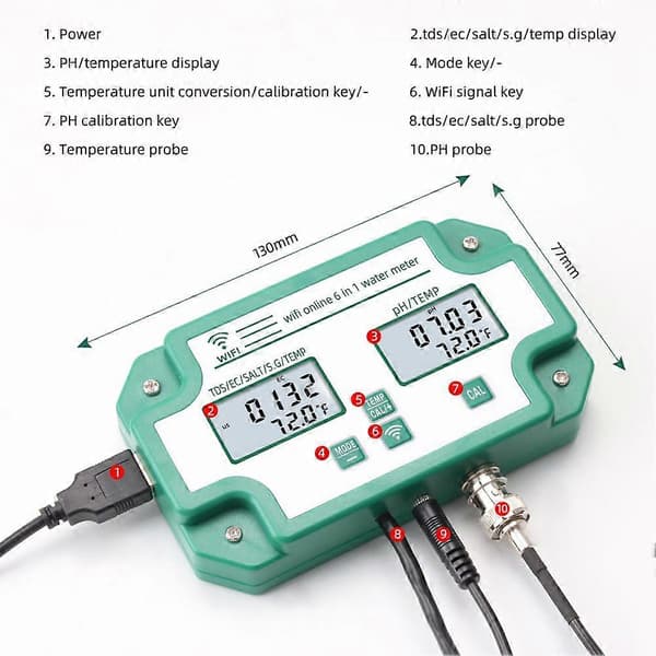 6 i 1 vandkvalitetstester Tuya WiFi Multi-Parameter vandkvalitetsmonitor Digital PH/Total opløste faste stoffer/EC/S.G/Salt/Temp måler til akvarium Aqua