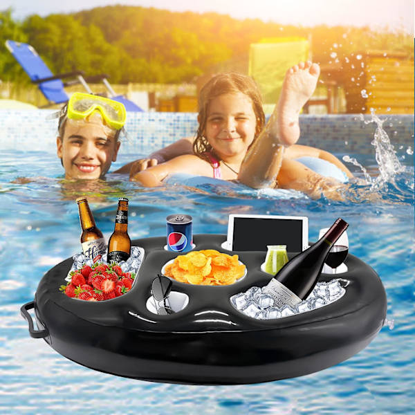 Oppustelig drikkevareholder, 8 huller flydende poolbar, drikkekopholder frugtsalatbuffet pool tilbehør til voksne til pool strandfest sjov (sort)