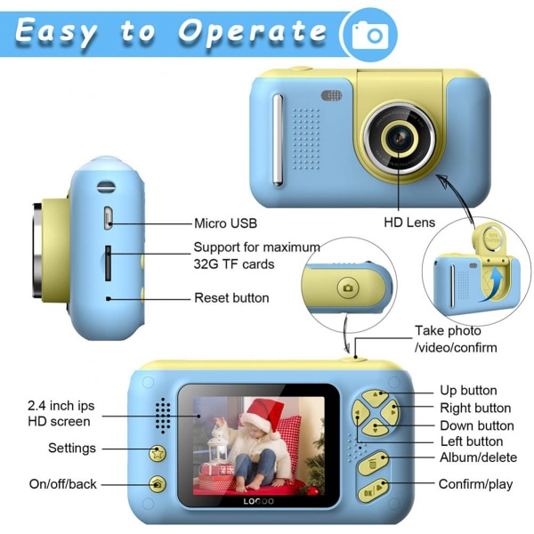 Barnkamera med uppfällbar lins för selfie, HD-digitalkamera för 3 4 5 6 7 8-åriga flickor Födelsedagspresenter