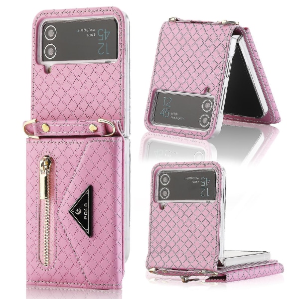 Lompakkokotelo, joka on yhteensopiva Galaxy Z Flip 4:n kanssa, crossbody-olkahihna PU-nahkakotelo, jossa korttipaikat Pink For Galaxy Z Flip 4