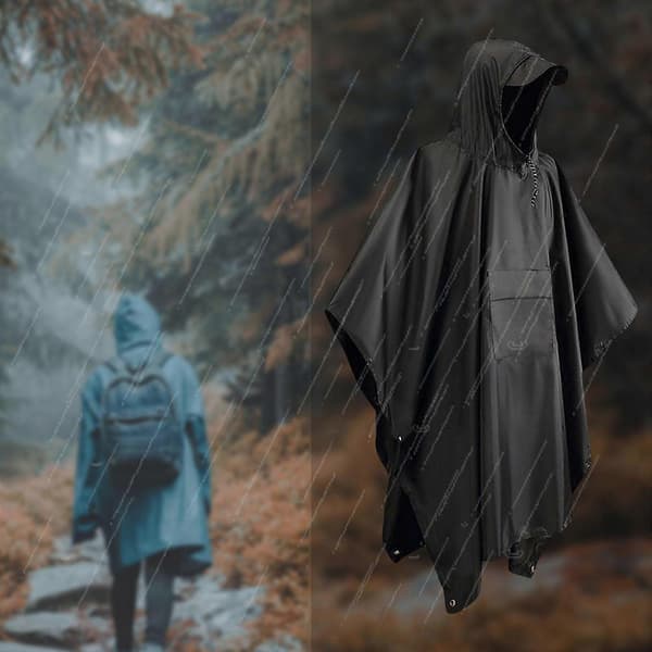 Multifunktionel regnponcho med hætte og lomme. Letvægt