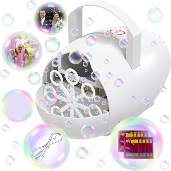 Bubbelmaskin Över 12000+ Bubblor per Minut Bärbar Automatisk Leksak Batteridriven/Plug-in för Utomhusfest Bröllop Födelsedag (Vit)