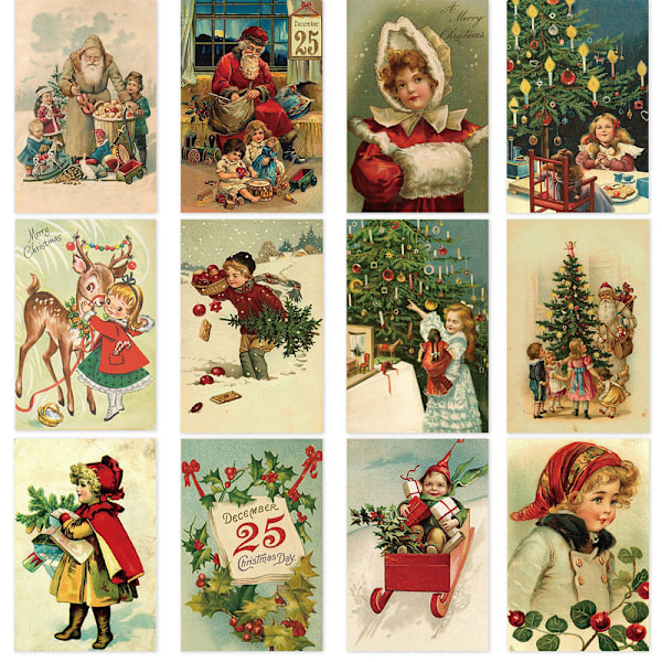 12 stk Retro Julekort God Jul Hilsningskort Fe Kvinne Elg Gammel Mann