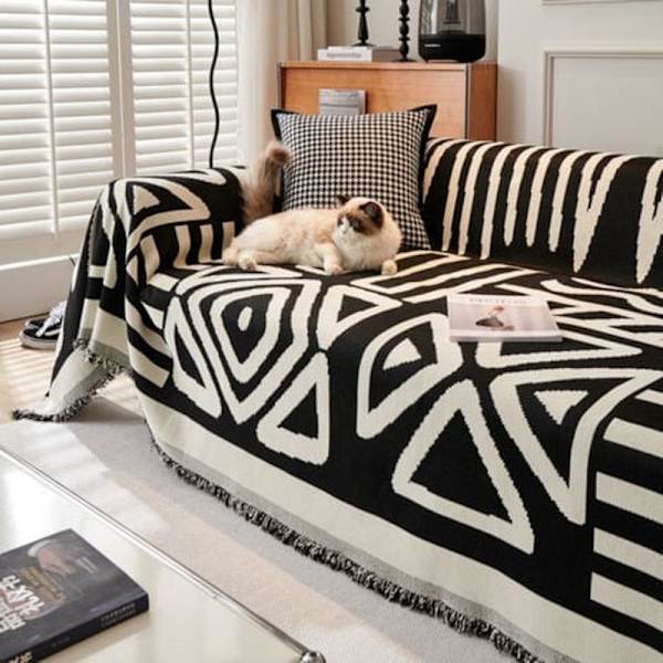 Geometrisk Boho Betræk til Kæledyrssofa til 2-Hynde Sofa, Vaskbart Sort Vendbart Chenille Sofabetræk til Hunde Katte, Modulsofa Black