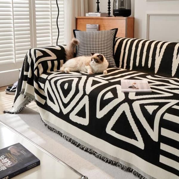 Geometriskt Boho Husdjurssoffskydd för 2-sits soffa, Tvättbart Svart Vändbart Chenillesofföverdrag för Hundar Katter, Modulsoffa Black