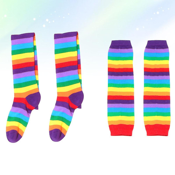 2stk Termisk jenter knehøye sokker regnbue lår høye sokker Strømpebukser damehansker sokker sett lange regnbue sokker