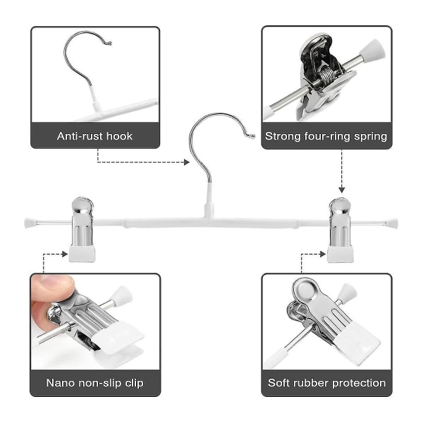 12 tommers Heavy Duty Bukser Skjørt Hengere Med Klips, Metall Bukse Henger For Jeans Svart Ikke-vevd Shorts 10-pakning Hvit White