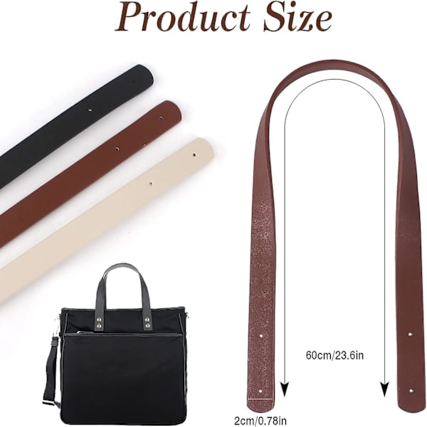 3 par lædertaskeremme (sort, brun, beige), håndtaskerem 60 cm lædertaskerem med 30 lædernitter håndtaskeaccessories til pung pung