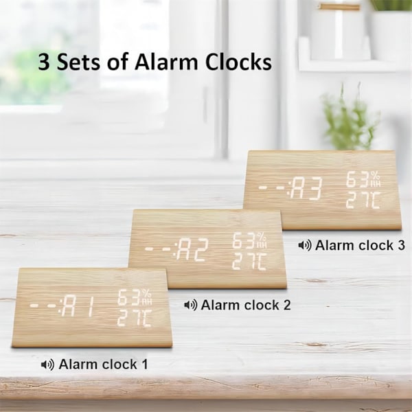 Digital Väckarklocka, Elektronisk LED-tid Datumvisning Temperatur Luftfuktighetsdetektering 3 Alarm Inställningar 3 Nivåer av Ljusstyrka yellow & White