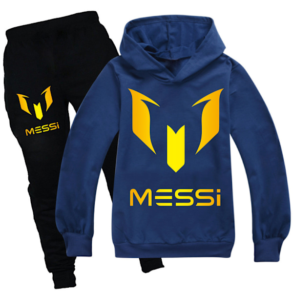 Barn Messi Vår Höst Träningsoverall Set Hoodie Sweatshirt T-shirt + Sportbyxor Marinblå