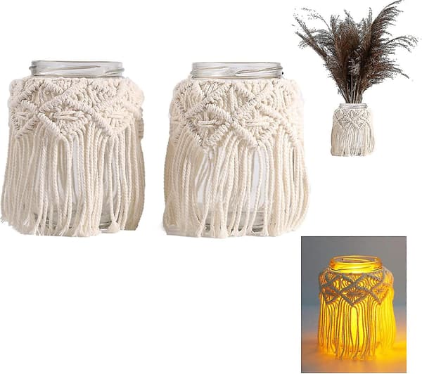 Lysestager Macrame Girland, Lanterner Dekorative Lys, Beige Boho Dekoration Balkon Til Lys Og Tørrede Blomster (a) Hs