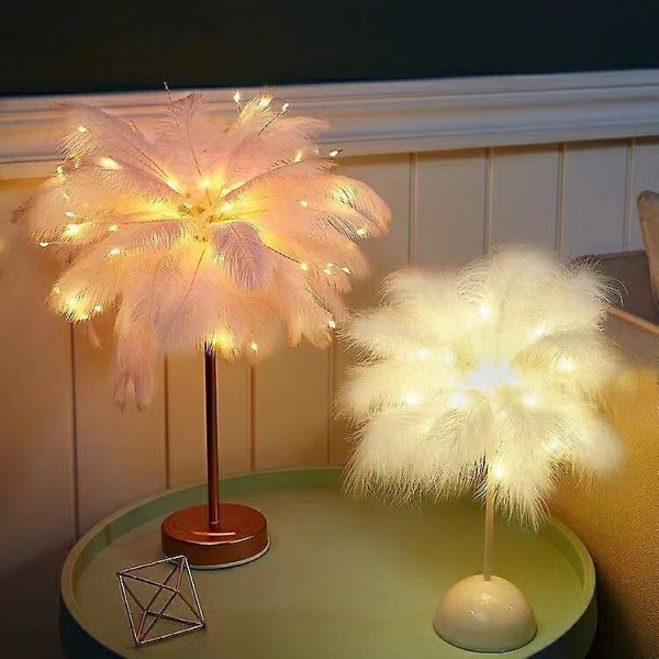 Berøringsfølsom skrivebordslampe, strutsfjærlampe 3 farger Dimbar med 30 fjær for soverom pink