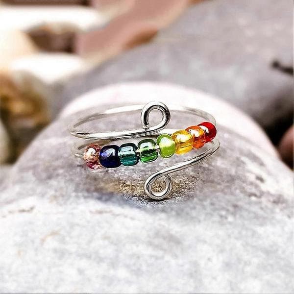 Justerbar angstring Roterende ring med perler Regnbueperler Damer Dekompresjon Golden Box