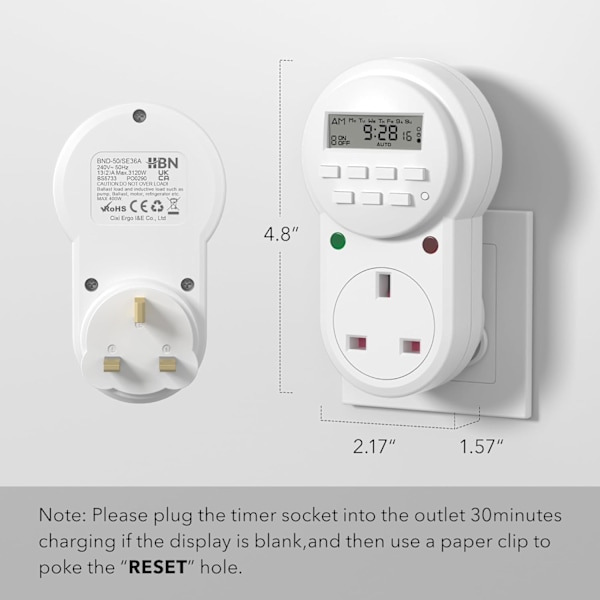 Viikoittain ohjelmoitava elektroninen digitaalinen verkkovirtapistoke LCD-näytöllä, 24 tuntia / 7 päivää, 9 päälle/pois-ohjelmalla (13A/3120W, 2 kpl) white 2