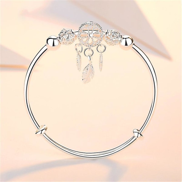 Justerbart 925 sterlingsølv dusk fjær rund perle sjarm armbånd & armbånd for kvinner Elegante smykker A