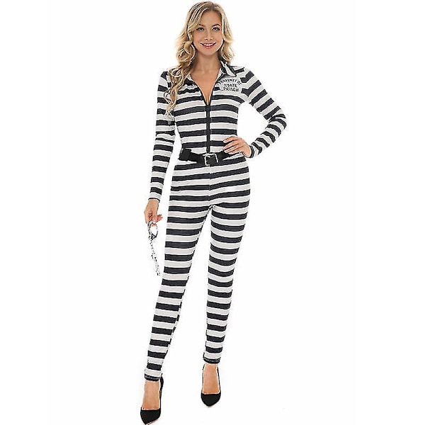 Halloween Scenarie Cosplay Kostume Djævel Kostume Voksen Kvinders Sort Og Hvid Stribet Sexet Heldragt Fangedragt 170cm