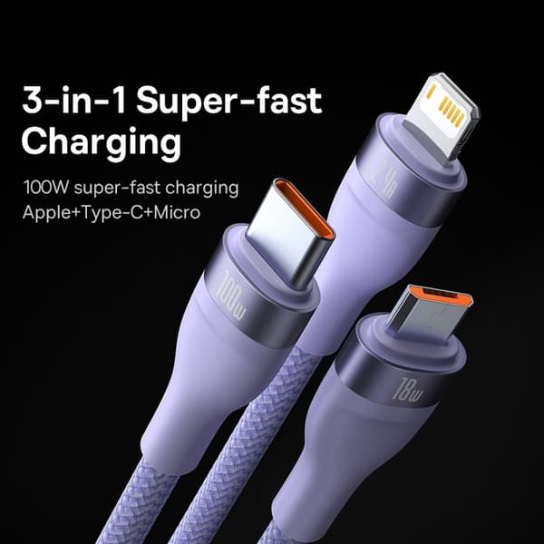 BASEUS 1,2 m 100W 3-i-1 USB-C/Lightning/MicroUSB Lila size 109