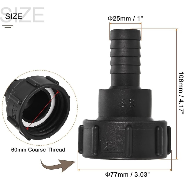 Sourcing Map IBC-tank slangadapter 60 mm grov gänga till 25 mm slangkoppling med hulling, svart, 2-pack