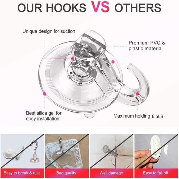 Suction Cup Hooks for Bathroom, 3Kg Heavy Duty Plastic Strong Vacuum Suction Cup, 2-pack, Transparent
