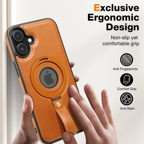 Magnetic Ring Grip Holder for Phone Case | Protective Leather Phone Case | MagSafe Compatible | Built-in Stand iPhone 16 Plus brown