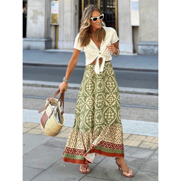 Jastie Boho Retro Blommönster Kjol Kvinnor 2023 Sommar Hög Midja A-linje Plisserad Lång Kjol Casual Semester Strand Kjol Army Green S