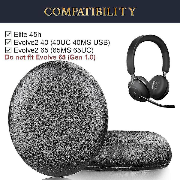 Utskiftbare øreputer til Jabra Evolve2 65 (65ms 65uc Usb)/evolve2 40 (40uc 40ms Usb)/elite 45h trådløst hodesett