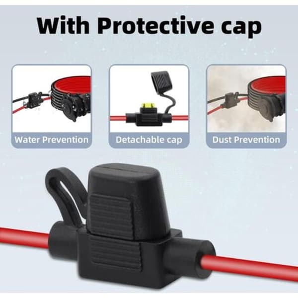 12V/24V Cigarette Lighter Socket Extension Cable, Fixed Threaded Female Connector to O-Ring Terminal, with Waterproof Cap and 20A Fuse (3M)