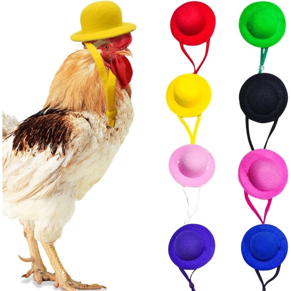 8 STK Kyllinghatter Høne Minihatt Rund Liten Hat Flerfarget Tiny Pet Hat Kyllinghjelmtilbehør med justerbar elastisk stropp
