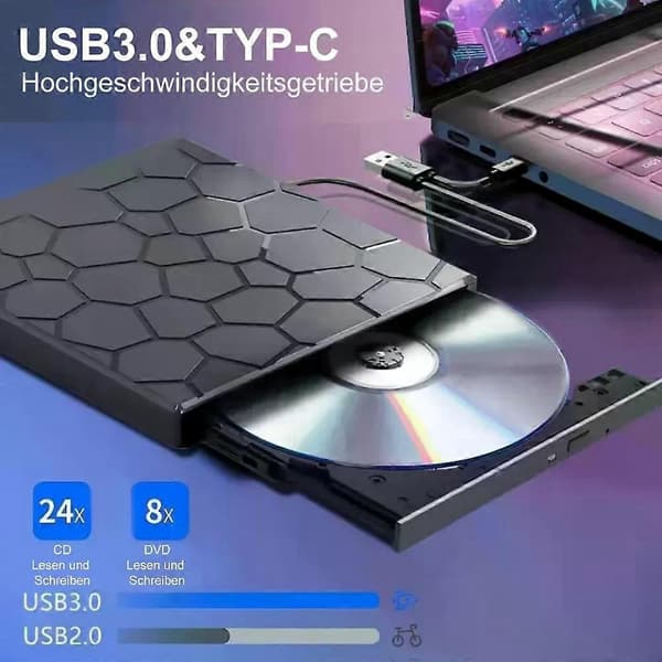 USB 3.0 Type C Ekstern CD/DVD Drev Brænder Afspiller til Windows 11 Laptops