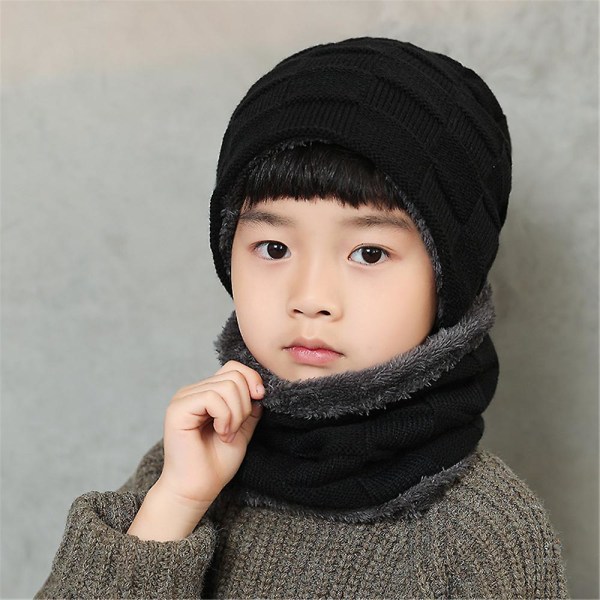 Børn Drenge Piger Vinter varm strikket hue + halstørklæde + handsker sæt Black