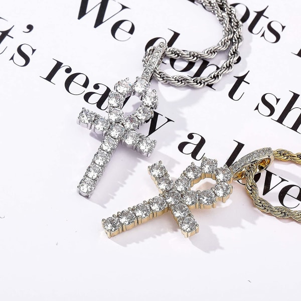 14k gullbelagt iset ut Cz Lab Diamond Ankh Cross egyptisk anheng for menn og kvinner med 24 rustfritt stål kjede halskjede Gold