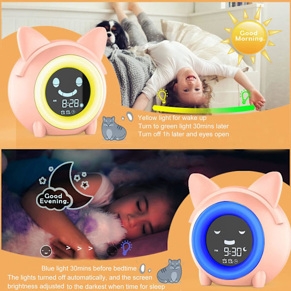 Klocka för barn med tecknad katt, snooze-funktion, inomhustemperaturdetektering och smart ljusjustering Blue