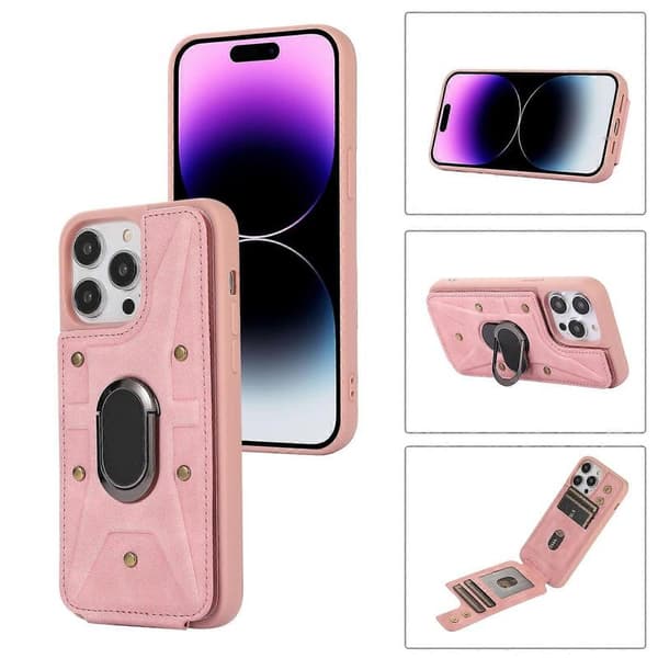 Kompatibelt med iPhone 14 Pro Max Armor Ring Plånboks Baksida Skal - WELLNGS Pink