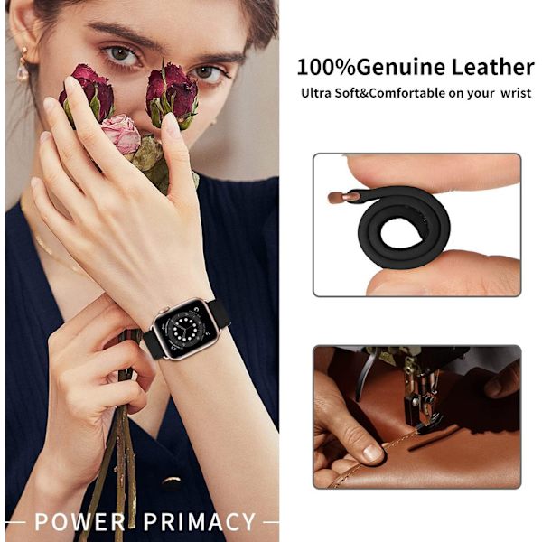 Apple Watch läderarmband, äkta läderersättning för Apple Watch Series 9 8 7 6 5 4 3 2 1 & iWatch SE, Ultra (38 mm 40 mm 41 mm, Svart) Black