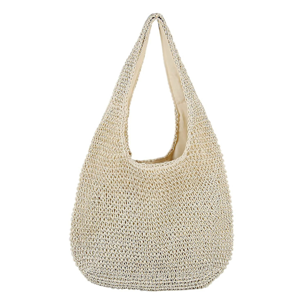 Kvindernes Beige Halm Tote Taske - Stor Sommer Strand Håndtaske Med Vævning Skulderremme