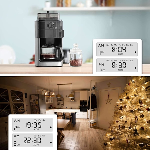 Viikoittain ohjelmoitava elektroninen digitaalinen verkkovirtapistoke LCD-näytöllä, 24 tuntia / 7 päivää, 9 päälle/pois-ohjelmalla (13A/3120W, 2 kpl) white 2
