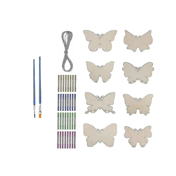 Vindklokkehåndverkssett, 8 sett gjør-det-selv-tresommerfugl vindklokke-barnesett med malerkoster, gjør-det-selv-maling
