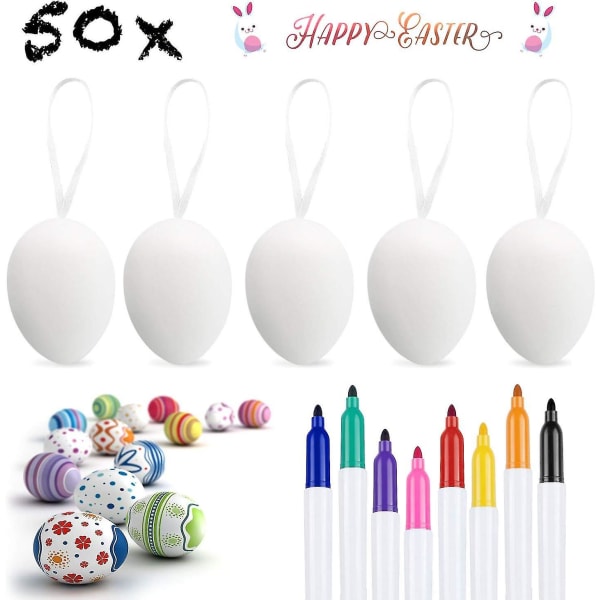 50 X dekorert påskeegg, hengende plastegg med tau, hvit påskemaling til pynt og gaver, med 8 børster