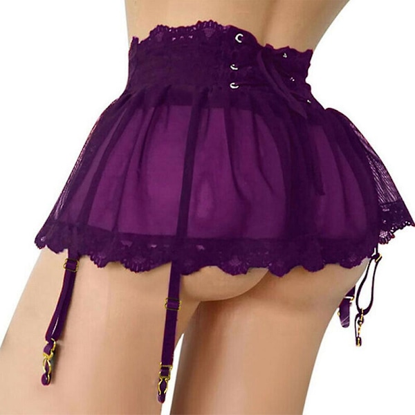 Kvinnlig sexig nattkläder genomskinlig spets strumpeband bälte minikjol underkläder nattkläder Purple 2XL