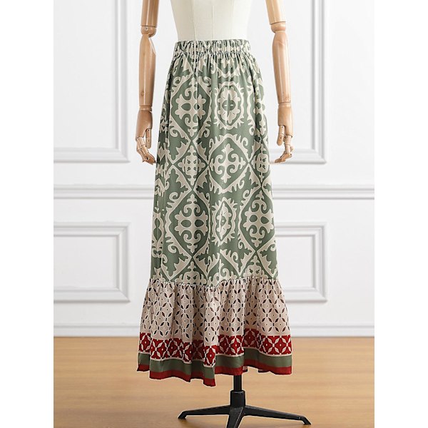 Jastie Boho Retro Blomstertrykk Skjørt Kvinner 2023 Sommer Høy Midje A-linje Plissert Lange Skjørt Casual Ferie Strand Skjørt Army Green S