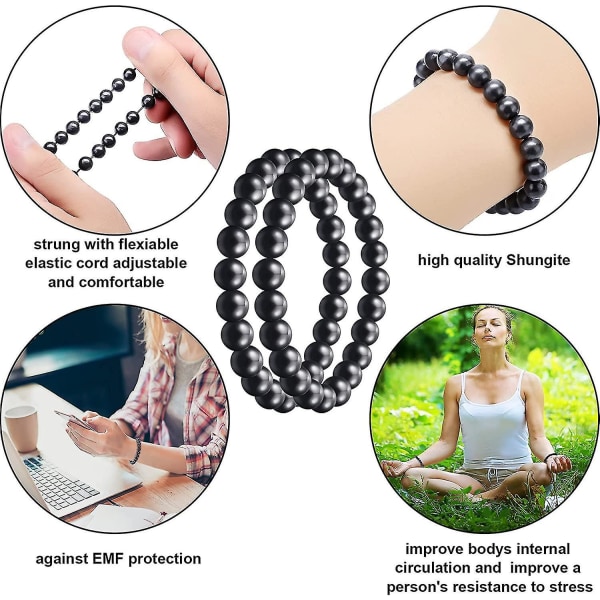 2 stk Shungitt armbånd med 8 mm Shungitt perler Emf krystallbeskyttelse krystallenergi elastiske steinarmbånd for menn kvinner Nvt