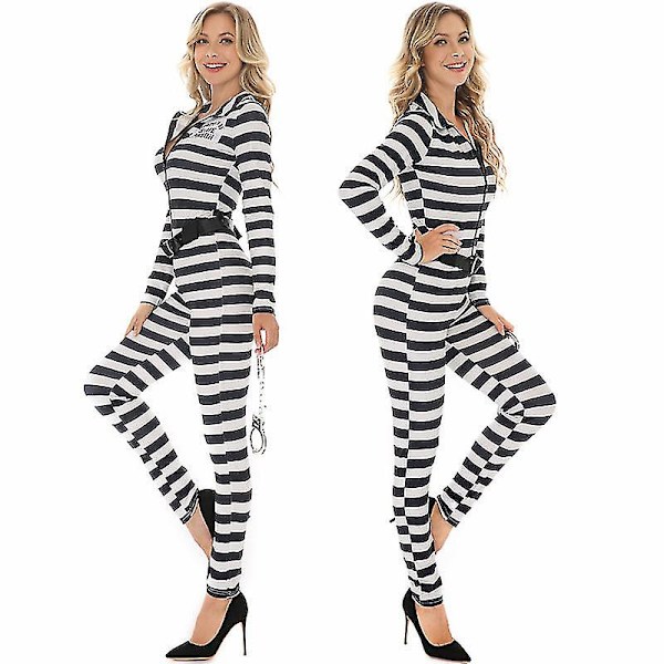 Halloween Scenarie Cosplay Kostume Djævel Kostume Voksen Kvinders Sort Og Hvid Stribet Sexet Heldragt Fangedragt 170cm