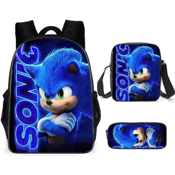 Sonic Student Schoolbag Three-piece Anime Cartoon Backpack Shoulder Bag Pencil Case